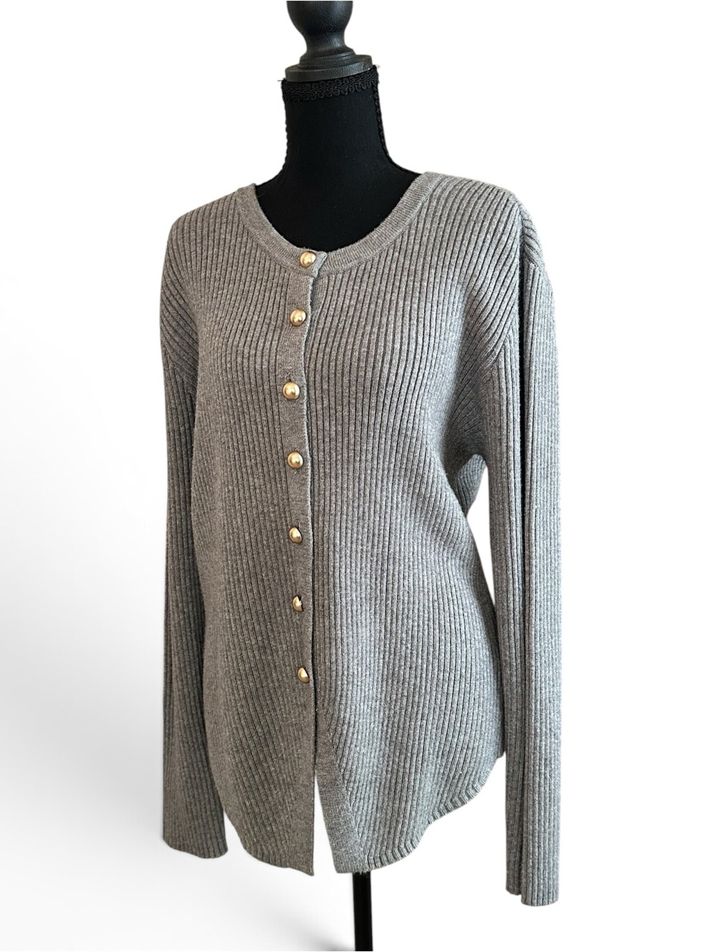 Tahari Ribbed Crewneck Cardigan in Taupe